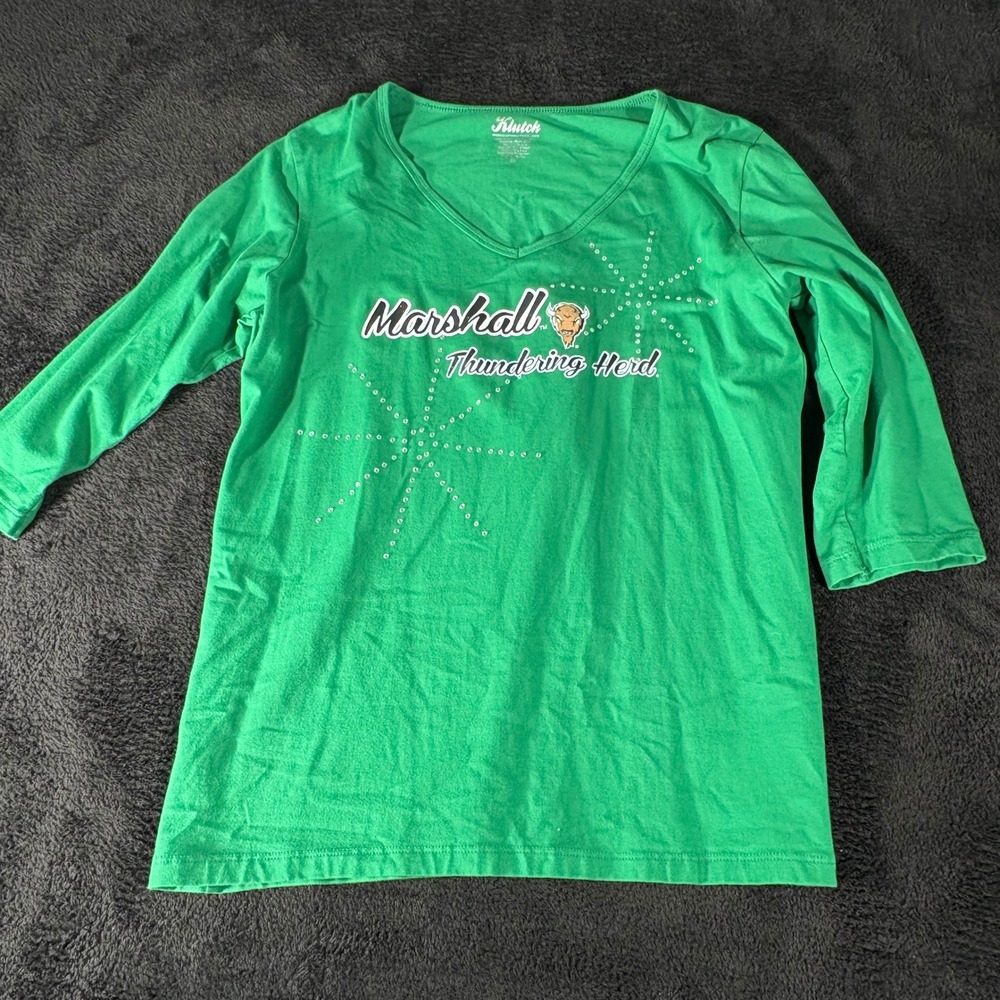 Klutch Marshall Thundering Herd Green Rhinestone V Neck Long Sleeve Top XL‎